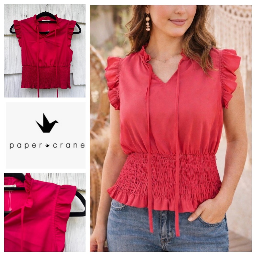 Paper Crane Womens‎ Pink Ruffle Smocked Waist Sleeveless Peplum Top  XS NEW